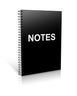 White "NOTES" sign on the black notebook, with reflection, on the white surface, clipart