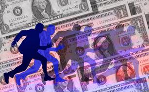 Colorful silhouettes of the running businessmen, at background with "1" dollar banknotes