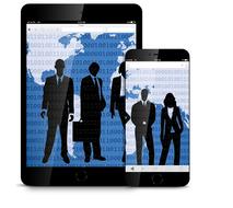 black silhouettes of businessmen on smartphone and tablet screens