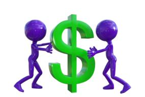two purple human figures holding dollar sigh