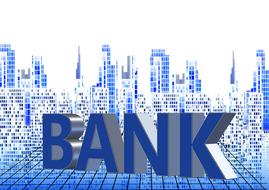 bank, 3d lettering in front of modern city, drawing