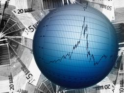 drawing of stock exchange, blue ball above bills