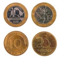 Beautiful Frank, Forint and Pfennig coins at white background