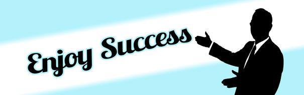 Black and white silhouette of a man, in the suit, and "Enjoy Success" sign, at white and turquoise background, clipart