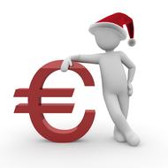 3d, white figure in red and white Santa Hat, with the red Euro sign, clipart