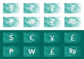 Green and white icons with different currency, clipart