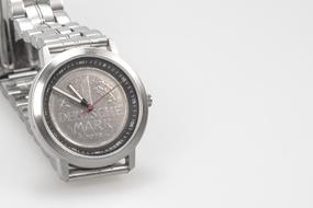 Beautiful, shiny, silver wrist watch with German Mark screen