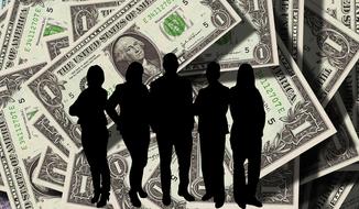 black silhouettes of business people on the background of dollars