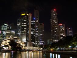 Beautiful coast of Singapore with colorful lights at night