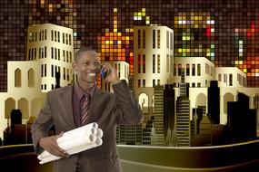 Smiling architect man with the paper, talking on the phone, near the colorful buildings on the cityscape