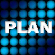 plan, white word at abstract blue background