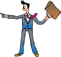 Drawing of the man, in the suit, and with the red tie, with the suitcase, at white background, clipart