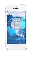 White Iphone with the blue and turquoise Earth globe and numbers, at white background