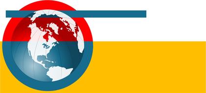 Red, blue and white World globe with blue line, at orange and white background, clipart
