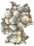 German map with the beautiful, gold and silver Euro coins, at white background