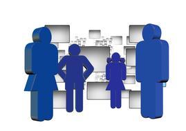 family silhouette on the background of monitors