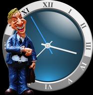 Blonde male figure near the silver watch with blue screen