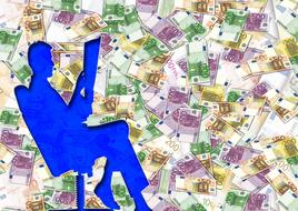 Blue silhouette of a man, reading newspaper, at background with the colorful Euro banknotes, clipart