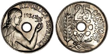 Beautiful "25" Spanish Centimos coin of 1934, with a hole, at white background