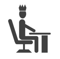 Grey silhouette of the sitting person in crown, at the table, clipart