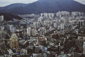 Downtown with colorful buildings, near the mountains