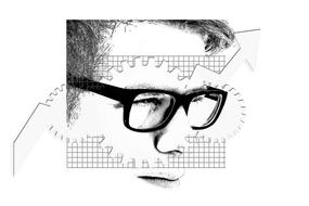 Black and white clipart with the portrait of the guy with glasses, in gears and growing arrow