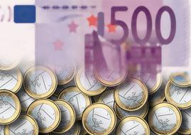 Shiny Euro coins at background with banknote, clipart