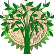 Beautiful, green tree and shiny, patterned, gold coin with green leaves, at white background, clipart