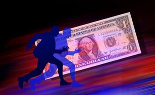 Silhouettes of the running people near the dollar banknote and colorful shapes, clipart