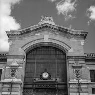 black and white, city market building in Europe