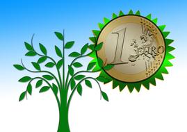 Green, growing tree with "1" Euro coin, at blue and white, gradient background, clipart