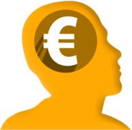 Yellow profile portrait of a head, with "Euro" sign, at white background, clipart