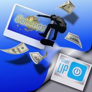 Figure of the skateboarder among the dollar banknotes and signs, clipart