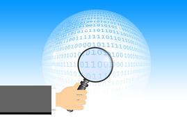 Looking on the white and blue globe with binary code, through the magnifying glass in hand, clipart