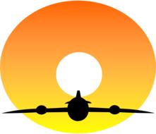 Silhouette of the flying airplane, at colorful background with Sunset, clipart