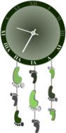 Clock with hanging, green footprints, at white background, clipart