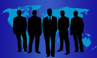 Silhouettes of the people in suits, at blue background with the Earth map, clipart