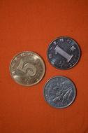 Close-up of the colorful, shiny, patterned coins, on orange surface