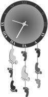 Black and grey clock with hanging footprints, at white background, clipart