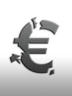 Grey, textured "Euro" sign with broken pieces, at gradient background, clipart