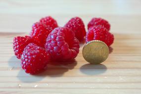 Beautiful, red raspberries and shiny, standing, metal coin, on the wooden surface
