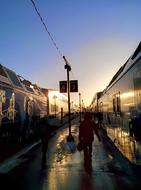 people walking on railway station platform between trains