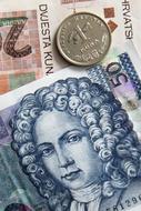 Close-up of the shiny metal coins and colorful banknotes of Croatia