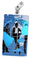 Colorful tag with silhouettes of the people in suits and Earth map, at white background, clipart