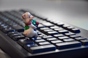 Lucky Pig ceramic on keyboard