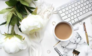 keyboard of Desktop Computer, Coffee and flowers, top view