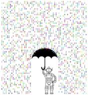 painted robot with umbrella in binary rain