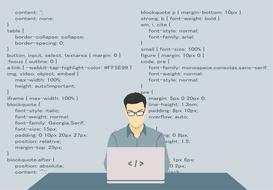 Man in glasses, working with the laptop, at background with the code, clipart