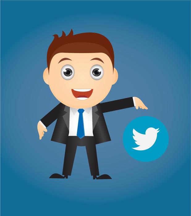 cartoon businessman with twitter icon, chat