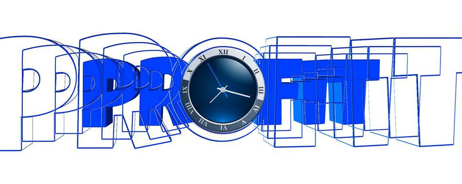 profit, blue lettering with clock face